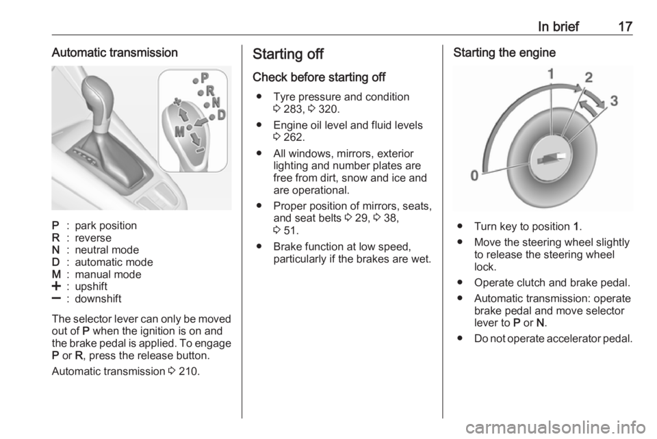 OPEL ZAFIRA TOURER 2018 User Guide In brief17Automatic transmissionP:park positionR:reverseN:neutral modeD:automatic modeM:manual mode<:upshift]:downshift
The selector lever can only be movedout of  P when the ignition is on and
the br