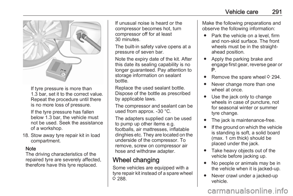 OPEL ZAFIRA TOURER 2018 Owners Manual Vehicle care291
If tyre pressure is more than
1.3 bar , set it to the correct value.
Repeat the procedure until there
is no more loss of pressure.
If the tyre pressure has fallen
below 1.3 bar, the ve OPEL ZAFIRA TOURER 2018 Owners Manual Vehicle care291
If tyre pressure is more than
1.3 bar , set it to the correct value.
Repeat the procedure until there
is no more loss of pressure.
If the tyre pressure has fallen
below 1.3 bar, the ve