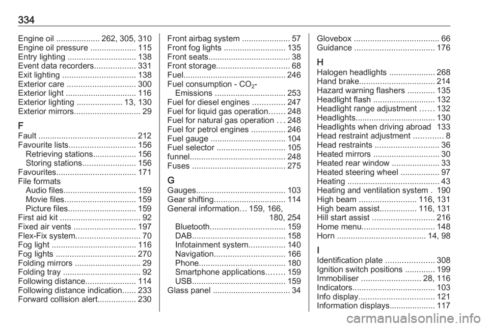 OPEL ZAFIRA TOURER 2018 Owners Manual 334Engine oil ................... 262, 305, 310
Engine oil pressure ....................115
Entry lighting .............................. 138
Event data recorders ..................331
Exit lighting OPEL ZAFIRA TOURER 2018 Owners Manual 334Engine oil ................... 262, 305, 310
Engine oil pressure ....................115
Entry lighting .............................. 138
Event data recorders ..................331
Exit lighting