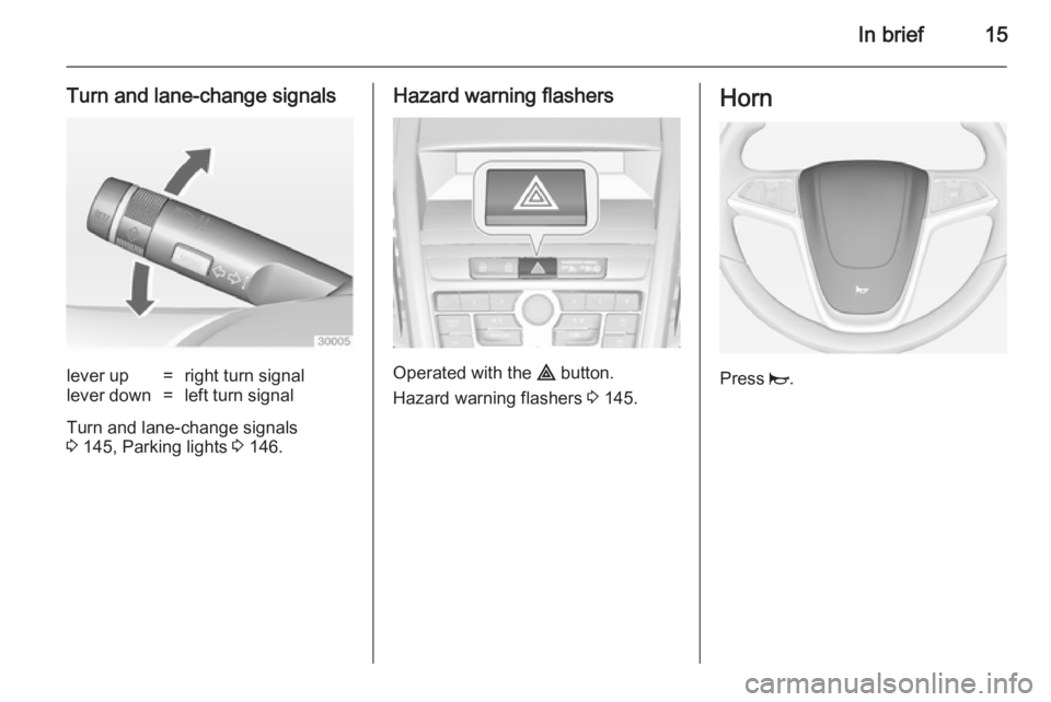 OPEL ZAFIRA TOURER 2014 User Guide In brief15
Turn and lane-change signalslever up=right turn signallever down=left turn signal
Turn and lane-change signals
3  145, Parking lights  3 146.
Hazard warning flashers
Operated with the  ¨ b