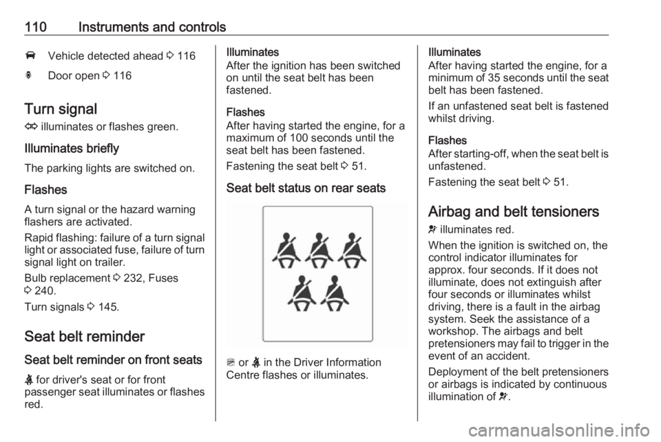 OPEL ZAFIRA TOURER 2017  Owners Manual 110Instruments and controlsAVehicle detected ahead 3 116hDoor open  3 116
Turn signal
O  illuminates or flashes green.
Illuminates briefly The parking lights are switched on.
Flashes
A turn signal or 