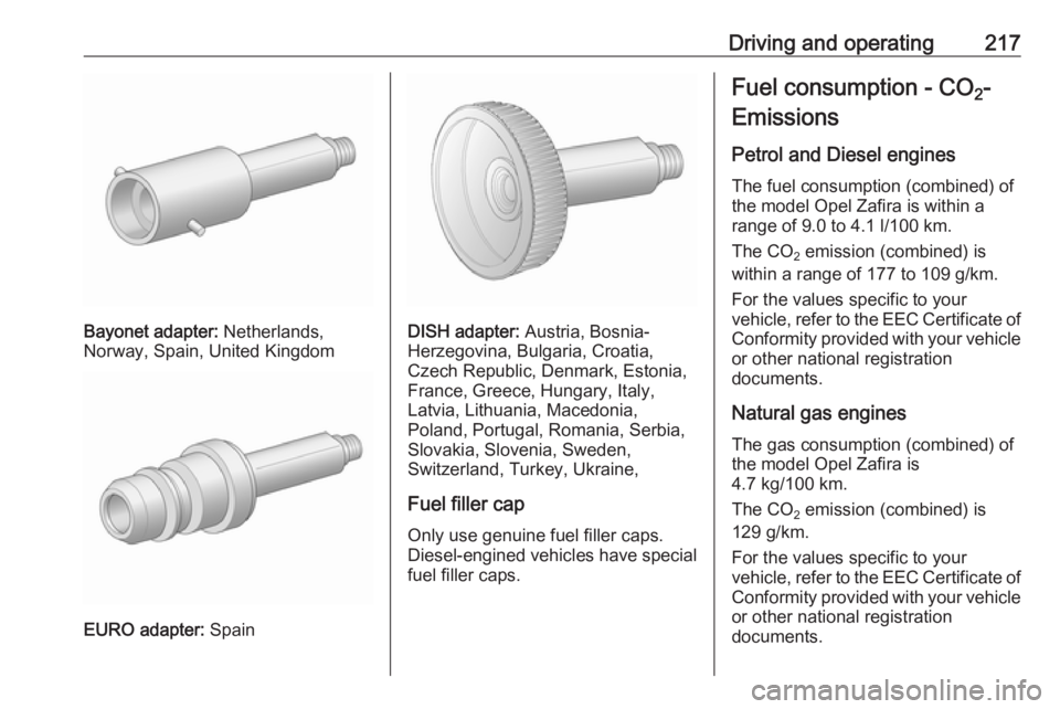OPEL ZAFIRA TOURER 2017  Owners Manual Driving and operating217
Bayonet adapter: Netherlands,
Norway, Spain, United Kingdom
EURO adapter:  Spain
DISH adapter: Austria, Bosnia-
Herzegovina, Bulgaria, Croatia,
Czech Republic, Denmark, Estoni