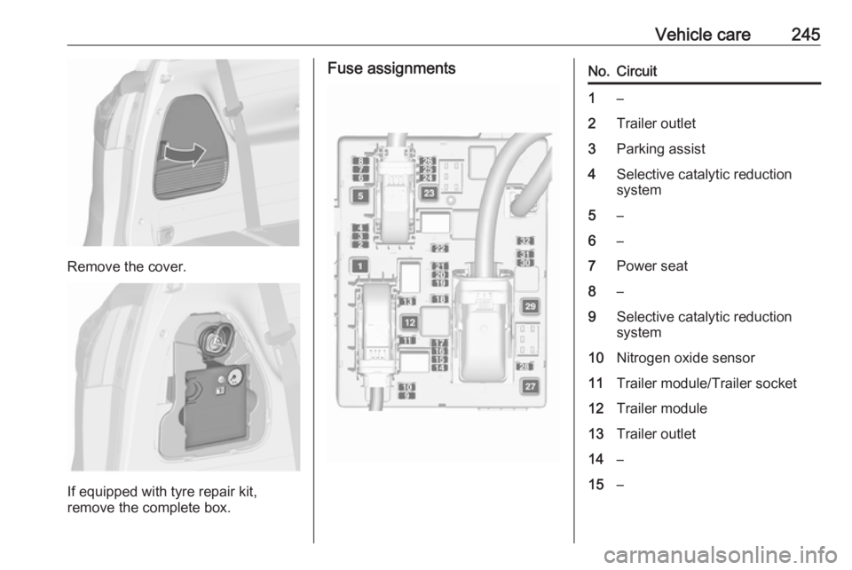 OPEL ZAFIRA TOURER 2017  Owners Manual Vehicle care245
Remove the cover.
If equipped with tyre repair kit,
remove the complete box.
Fuse assignmentsNo.Circuit1–2Trailer outlet3Parking assist4Selective catalytic reduction
system5–6–7P