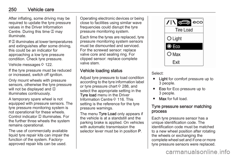 OPEL ZAFIRA TOURER 2017  Owners Manual 250Vehicle careAfter inflating, some driving may be
required to update the tyre pressure
values in the Driver Information
Centre. During this time  w may
illuminate.
If  w  illuminates at lower temper