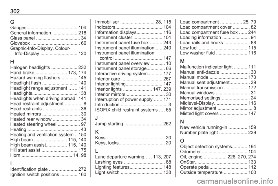 OPEL ZAFIRA TOURER 2017  Owners Manual 302GGauges ....................................... 104
General information  ...................218
Glass panel .................................. 34
Glovebox  ..................................... 66
