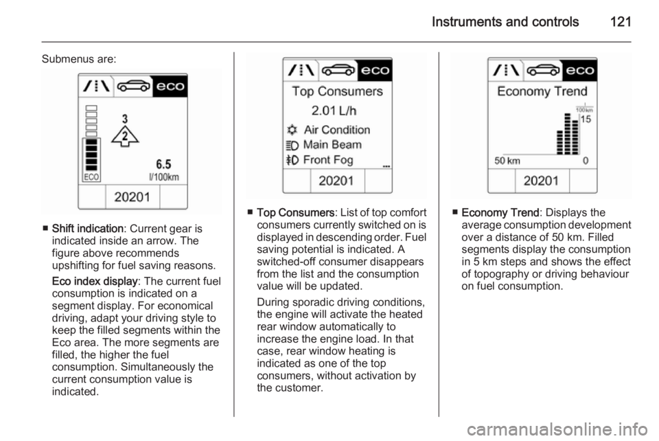 OPEL ZAFIRA TOURER 2016 Owners Manual Instruments and controls121
Submenus are:
■Shift indication : Current gear is
indicated inside an arrow. The
figure above recommends
upshifting for fuel saving reasons.
Eco index display : The curre OPEL ZAFIRA TOURER 2016 Owners Manual Instruments and controls121
Submenus are:
■Shift indication : Current gear is
indicated inside an arrow. The
figure above recommends
upshifting for fuel saving reasons.
Eco index display : The curre