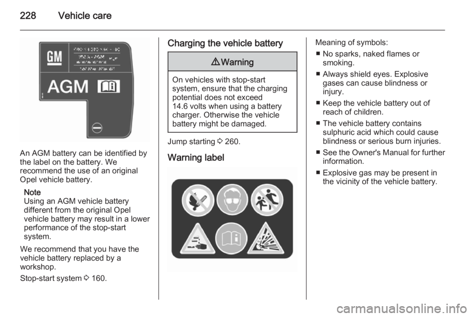 OPEL ZAFIRA TOURER 2016  Owners Manual 228Vehicle care
An AGM battery can be identified by
the label on the battery. We
recommend the use of an original
Opel vehicle battery.
Note
Using an AGM vehicle battery
different from the original Op