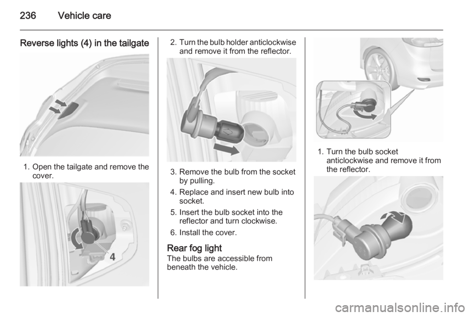 OPEL ZAFIRA TOURER 2016  Owners Manual 236Vehicle care
Reverse lights (4) in the tailgate
1.Open the tailgate and remove the
cover.
2. Turn the bulb holder anticlockwise
and remove it from the reflector.
3. Remove the bulb from the socket 