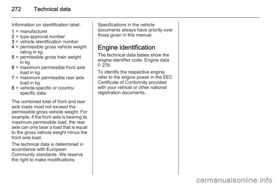 OPEL ZAFIRA TOURER 2016  Owners Manual 272Technical data
Information on identification label:1=manufacturer2=type approval number3=vehicle identification number4=permissible gross vehicle weight
rating in kg5=permissible gross train weight