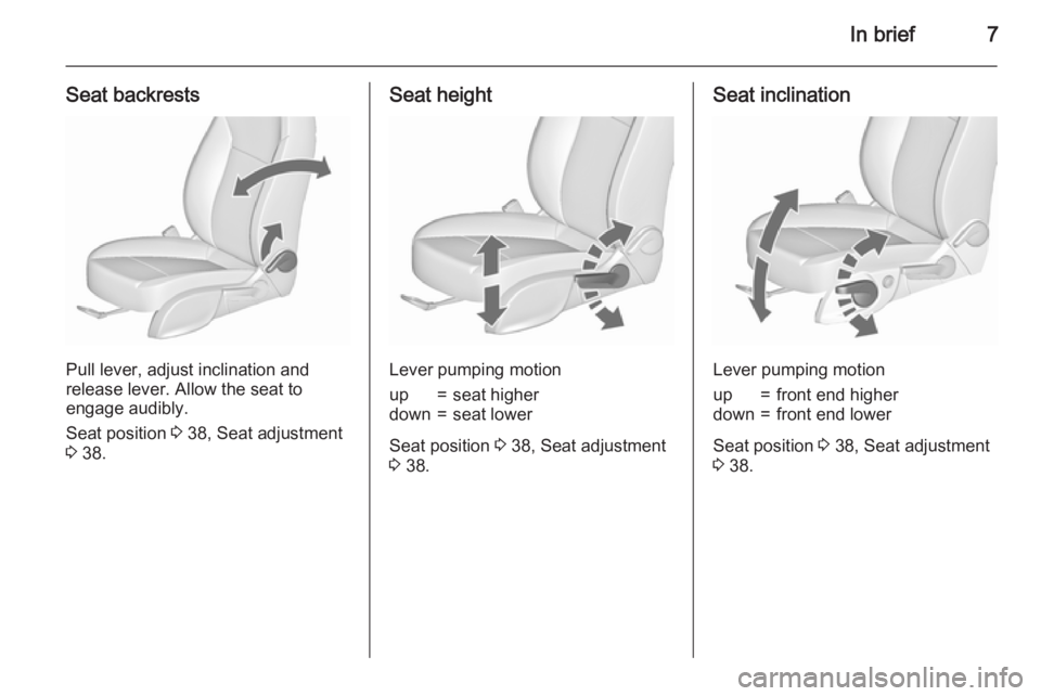OPEL ZAFIRA TOURER 2016  Owners Manual In brief7
Seat backrests
Pull lever, adjust inclination and
release lever. Allow the seat to
engage audibly.
Seat position  3 38, Seat adjustment
3  38.
Seat height
Lever pumping motion
up=seat higher