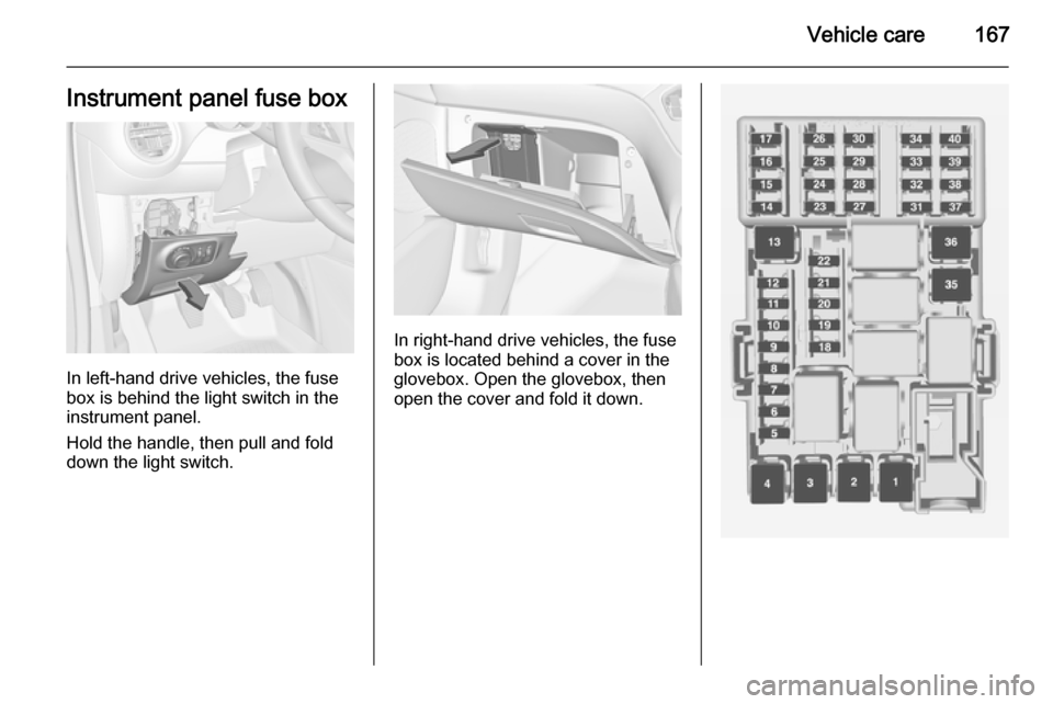 VAUXHALL ADAM 2014  Owners Manual Vehicle care167Instrument panel fuse box
In left-hand drive vehicles, the fuse
box is behind the light switch in the
instrument panel.
Hold the handle, then pull and fold
down the light switch.
In rig