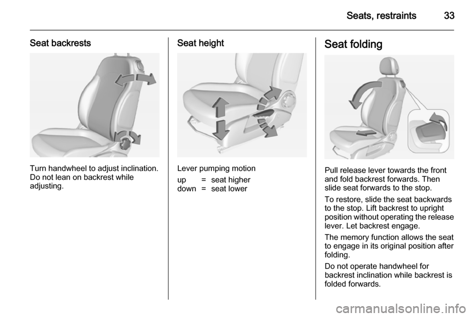 VAUXHALL ADAM 2014 Owners Guide Seats, restraints33
Seat backrests
Turn handwheel to adjust inclination.
Do not lean on backrest while
adjusting.
Seat height
Lever pumping motion
up=seat higherdown=seat lowerSeat folding
Pull releas