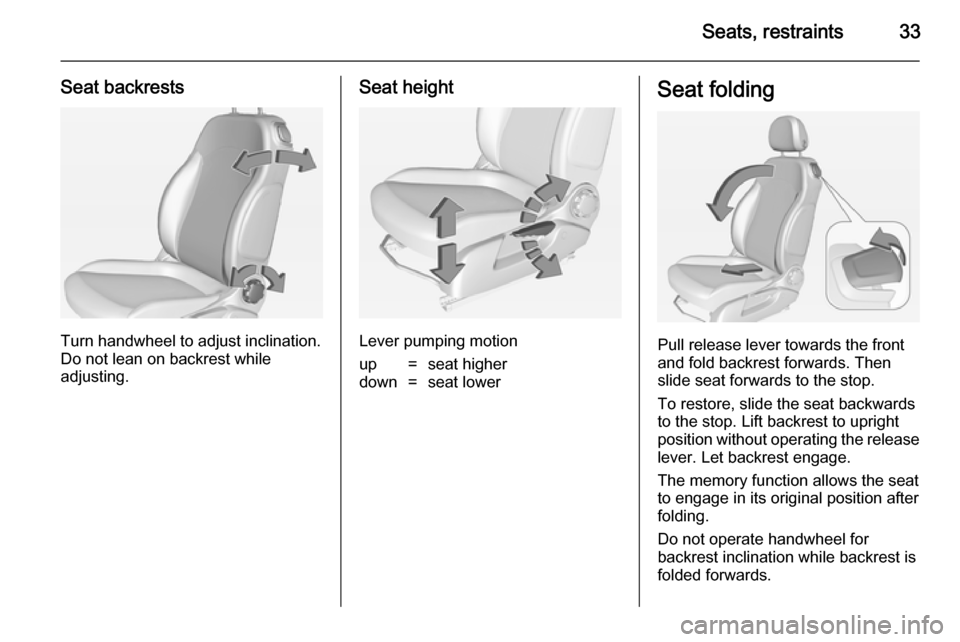 VAUXHALL ADAM 2014.5  Owners Manual Seats, restraints33
Seat backrests
Turn handwheel to adjust inclination.
Do not lean on backrest while
adjusting.
Seat height
Lever pumping motion
up=seat higherdown=seat lowerSeat folding
Pull releas