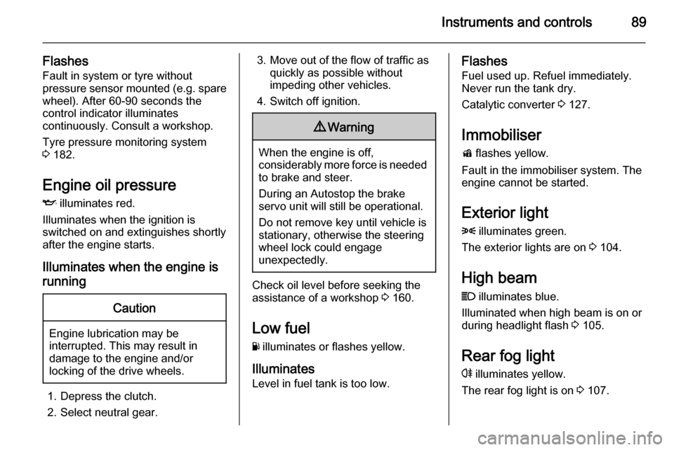 VAUXHALL ADAM 2015.5 Service Manual Instruments and controls89
FlashesFault in system or tyre without
pressure sensor mounted (e.g. spare
wheel). After 60-90 seconds the
control indicator illuminates
continuously. Consult a workshop.
Ty