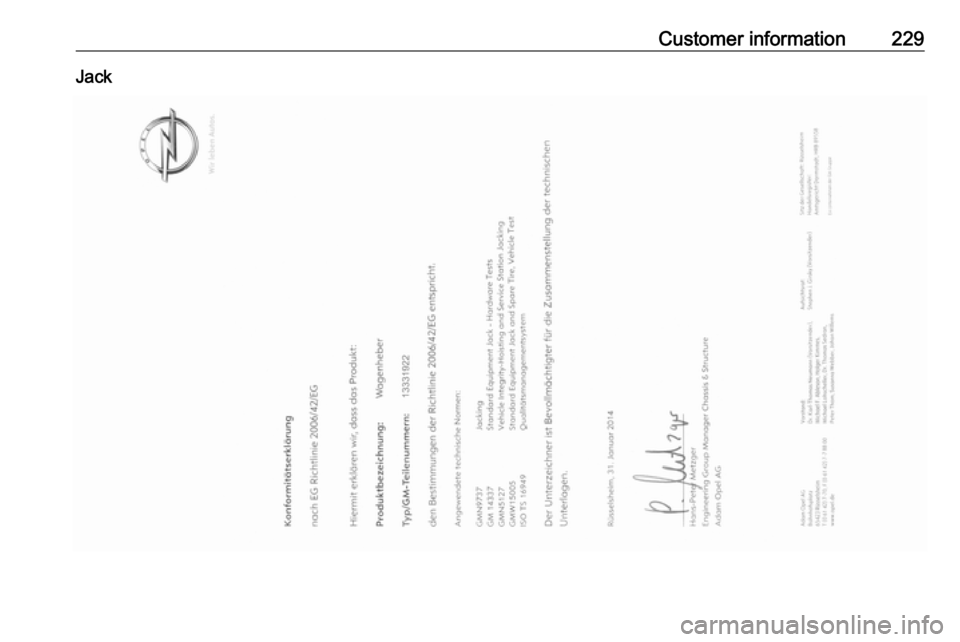 VAUXHALL ADAM 2018  Owners Manual Customer information229Jack 