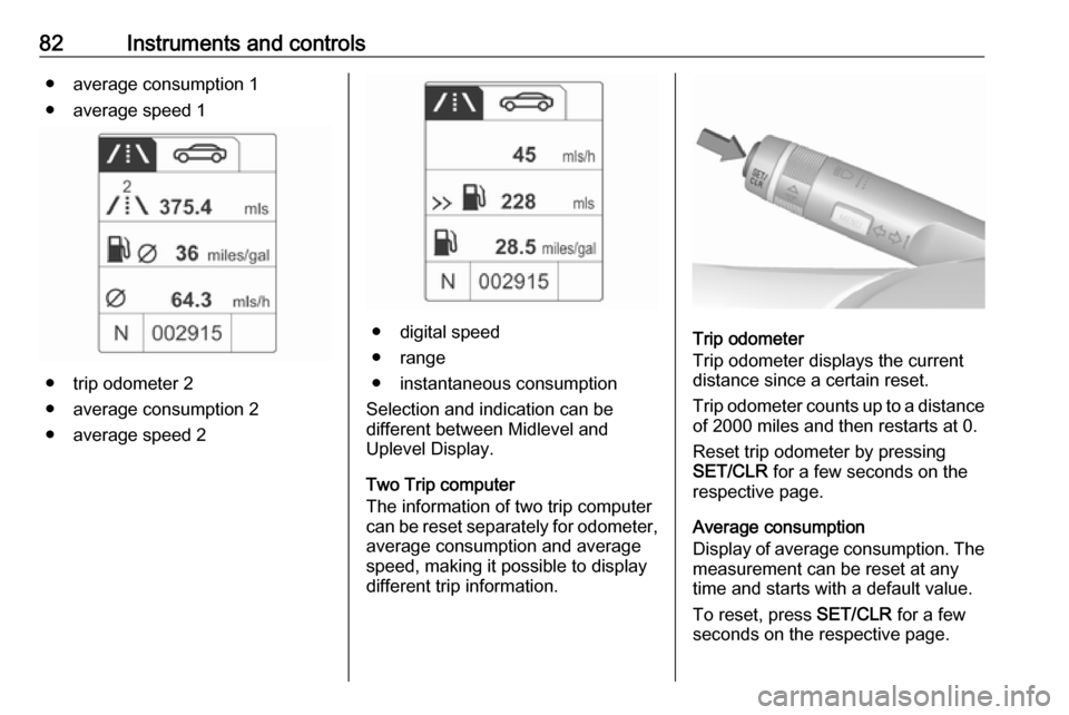VAUXHALL ADAM 2019 Owners Manual 82Instruments and controls● average consumption 1
● average speed 1
● trip odometer 2
● average consumption 2
● average speed 2
● digital speed
● range
● instantaneous consumption
Sele VAUXHALL ADAM 2019 Owners Manual 82Instruments and controls● average consumption 1
● average speed 1
● trip odometer 2
● average consumption 2
● average speed 2
● digital speed
● range
● instantaneous consumption
Sele
