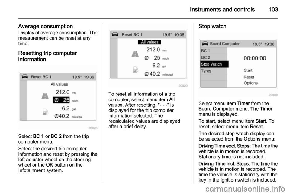 VAUXHALL ANTARA 2014 User Guide Instruments and controls103
Average consumptionDisplay of average consumption. The
measurement can be reset at any
time.
Resetting trip computer
information
Select BC 1 or BC 2 from the trip
compute VAUXHALL ANTARA 2014 User Guide Instruments and controls103
Average consumptionDisplay of average consumption. The
measurement can be reset at any
time.
Resetting trip computer
information
Select BC 1 or BC 2 from the trip
compute