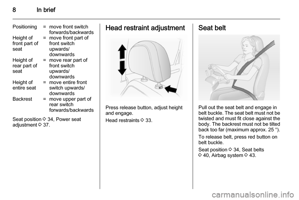 VAUXHALL ANTARA 2014  Owners Manual 8In brief
Positioning=move front switch
forwards/backwardsHeight of
front part of
seat=move front part of
front switch
upwards/
downwardsHeight of
rear part of
seat=move rear part of
front switch
upwa