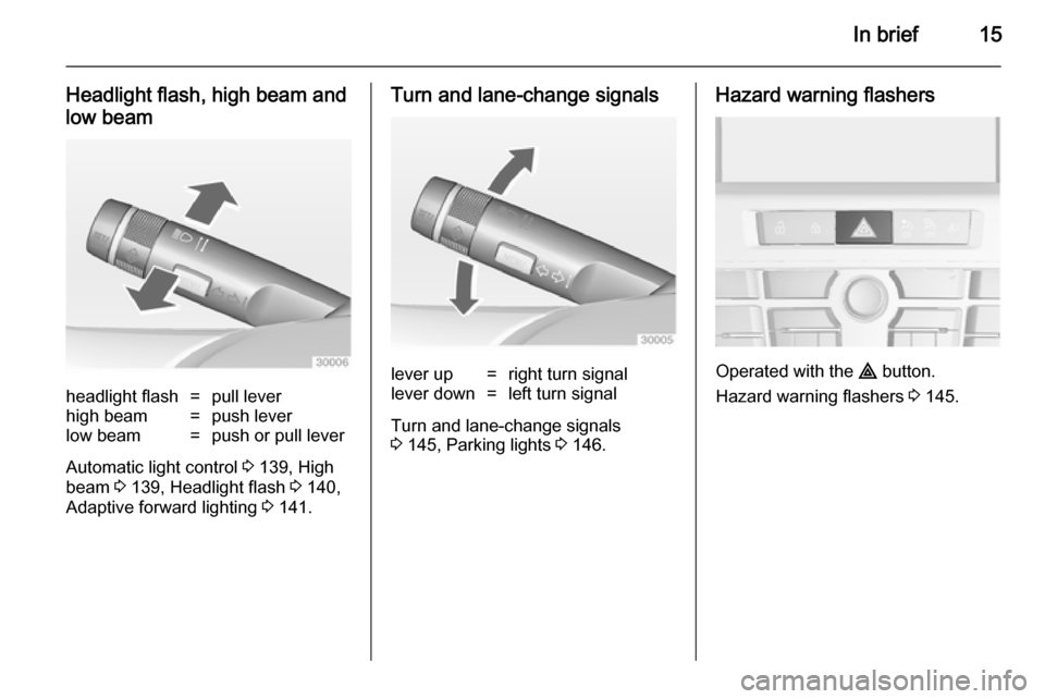 VAUXHALL ASTRA J 2014 Owners Manual In brief15
Headlight flash, high beam and
low beamheadlight flash=pull leverhigh beam=push leverlow beam=push or pull lever
Automatic light control 3 139, High
beam 3 139, Headlight flash 3 140,
Ad VAUXHALL ASTRA J 2014 Owners Manual In brief15
Headlight flash, high beam and
low beamheadlight flash=pull leverhigh beam=push leverlow beam=push or pull lever
Automatic light control 3 139, High
beam 3 139, Headlight flash 3 140,
Ad