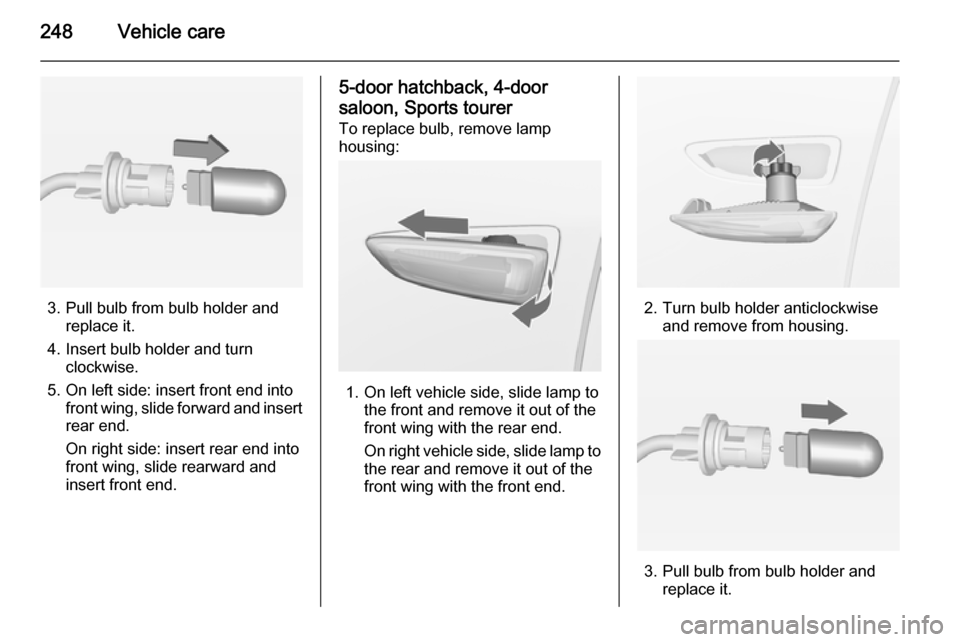 VAUXHALL ASTRA J 2014.25  Owners Manual 248Vehicle care
3. Pull bulb from bulb holder andreplace it.
4. Insert bulb holder and turn clockwise.
5. On left side: insert front end into front wing, slide forward and insert
rear end.
On right si