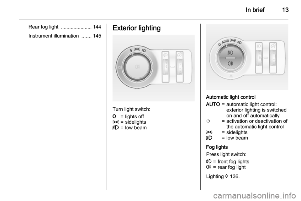 VAUXHALL ASTRA J 2015 User Guide In brief13
Rear fog light ...................... 144
Instrument illumination .......145Exterior lighting
Turn light switch:
7=lights off8=sidelights9=low beam
Automatic light control
AUTO=automatic VAUXHALL ASTRA J 2015 User Guide In brief13
Rear fog light ...................... 144
Instrument illumination .......145Exterior lighting
Turn light switch:
7=lights off8=sidelights9=low beam
Automatic light control
AUTO=automatic
