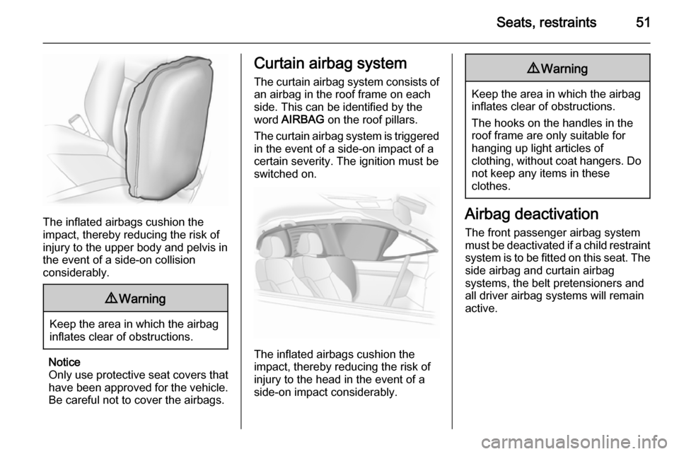 VAUXHALL ASTRA J 2015  Owners Manual Seats, restraints51
The inflated airbags cushion the
impact, thereby reducing the risk of
injury to the upper body and pelvis in
the event of a side-on collision
considerably.
9 Warning
Keep the area 