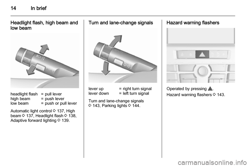 VAUXHALL ASTRA J 2015.75  Owners Manual 14In brief
Headlight flash, high beam and
low beamheadlight flash=pull leverhigh beam=push leverlow beam=push or pull lever
Automatic light control  3 137, High
beam  3 137, Headlight flash  3 138,
Ad