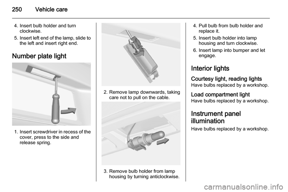 VAUXHALL ASTRA J 2015.75  Owners Manual 250Vehicle care
4. Insert bulb holder and turnclockwise.
5. Insert left end of the lamp, slide to
the left and insert right end.
Number plate light
1. Insert screwdriver in recess of the
cover, press 