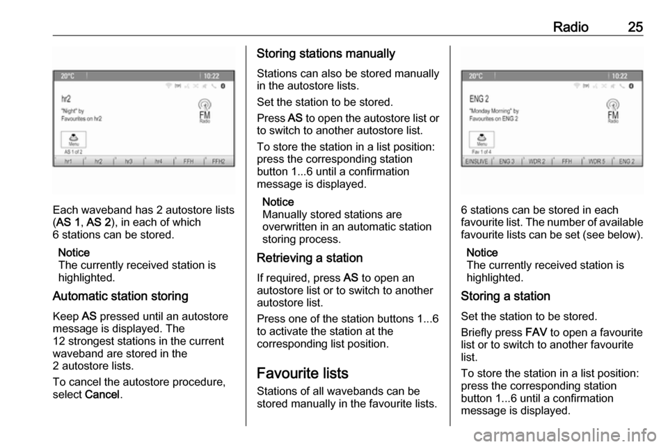 VAUXHALL ASTRA J 2016  Infotainment system Radio25
Each waveband has 2 autostore lists( AS 1 , AS 2 ), in each of which
6 stations can be stored.
Notice
The currently received station is highlighted.
Automatic station storing
Keep  AS pressed 
