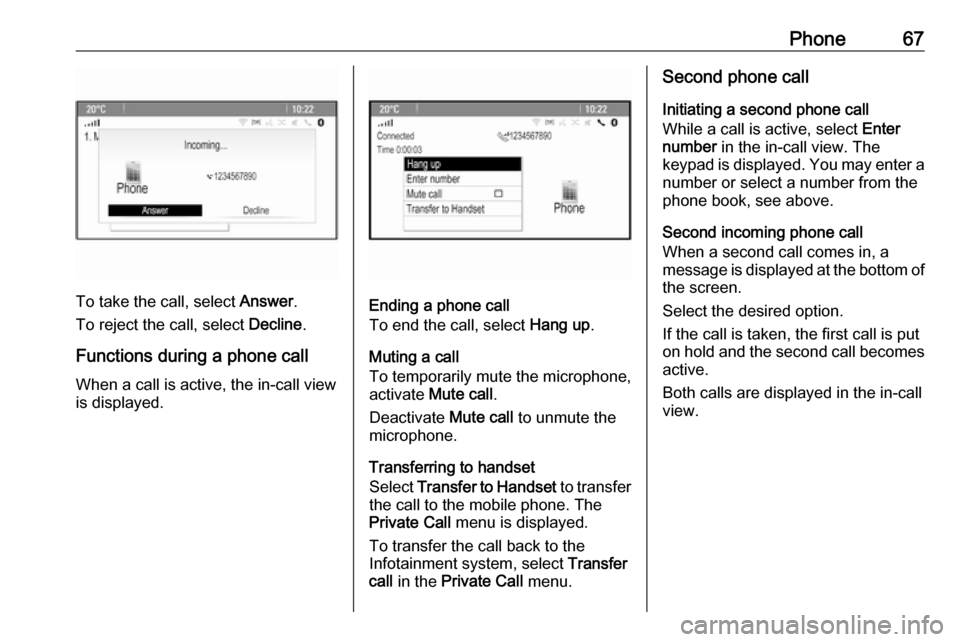 VAUXHALL ASTRA J 2016  Infotainment system Phone67
To take the call, select Answer.
To reject the call, select  Decline.
Functions during a phone call
When a call is active, the in-call view
is displayed.Ending a phone call
To end the call, se