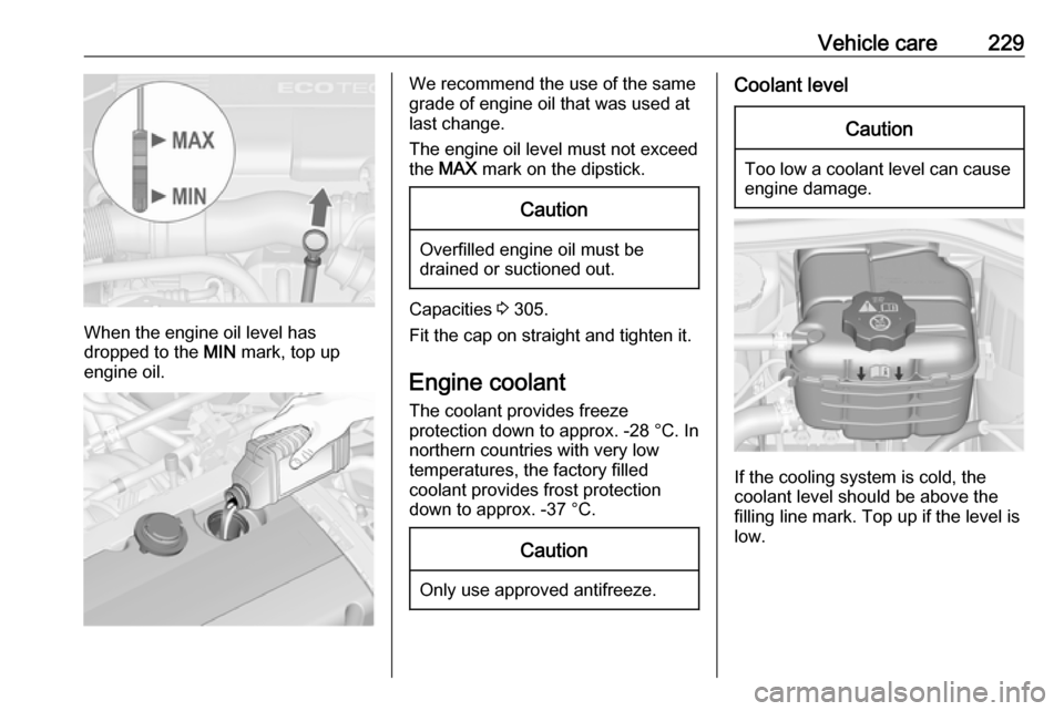 VAUXHALL ASTRA J 2016  Owners Manual Vehicle care229
When the engine oil level has
dropped to the  MIN mark, top up
engine oil.
We recommend the use of the same
grade of engine oil that was used at
last change.
The engine oil level must 