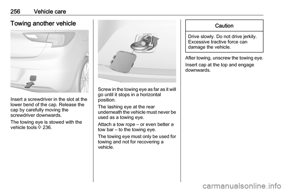 VAUXHALL ASTRA J 2016.75 Owners Manual 256Vehicle careTowing another vehicle
Insert a screwdriver in the slot at the
lower bend of the cap. Release the
cap by carefully moving the
screwdriver downwards.
The towing eye is stowed with the
ve VAUXHALL ASTRA J 2016.75 Owners Manual 256Vehicle careTowing another vehicle
Insert a screwdriver in the slot at the
lower bend of the cap. Release the
cap by carefully moving the
screwdriver downwards.
The towing eye is stowed with the
ve