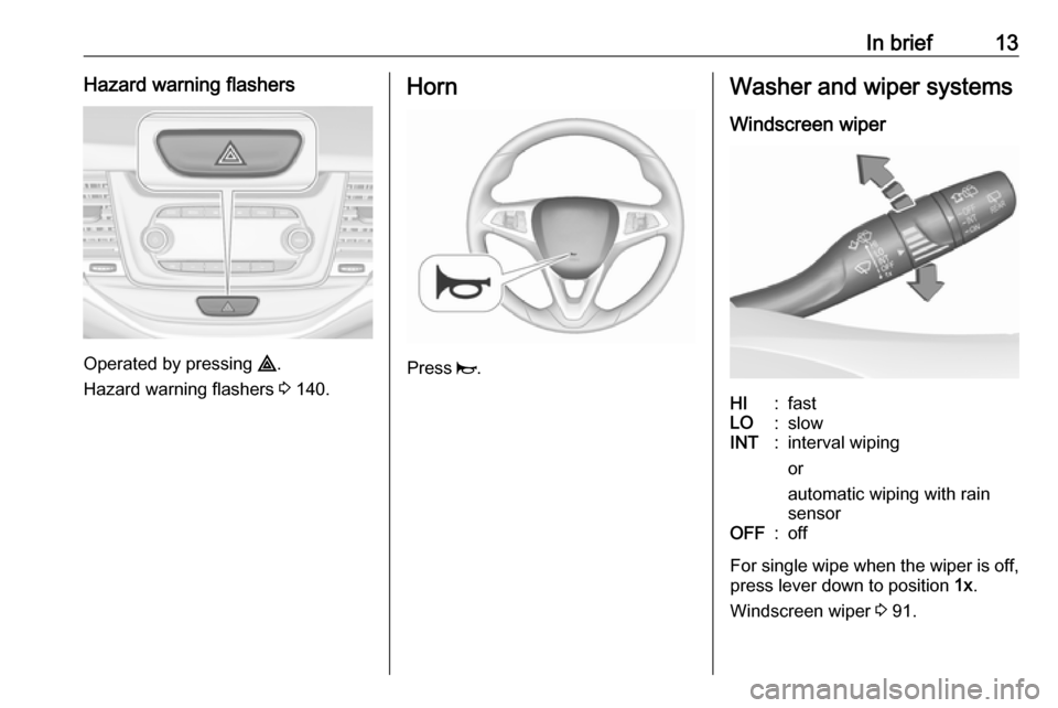 VAUXHALL ASTRA J 2017.5 User Guide In brief13Hazard warning flashers
Operated by pressing ¨.
Hazard warning flashers  3 140.
Horn
Press  j.
Washer and wiper systems
Windscreen wiperHI:fastLO:slowINT:interval wiping
or
automatic wiping