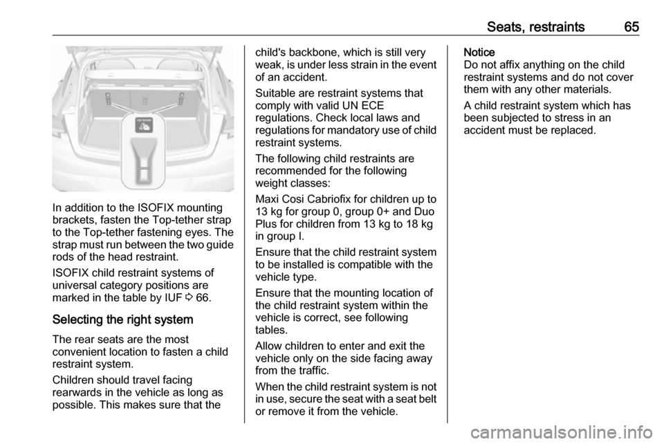 VAUXHALL ASTRA J 2017.5 Repair Manual Seats, restraints65
In addition to the ISOFIX mounting
brackets, fasten the Top-tether strap
to the Top-tether fastening eyes. The
strap must run between the two guide
rods of the head restraint.
ISO VAUXHALL ASTRA J 2017.5 Repair Manual Seats, restraints65
In addition to the ISOFIX mounting
brackets, fasten the Top-tether strap
to the Top-tether fastening eyes. The
strap must run between the two guide
rods of the head restraint.
ISO