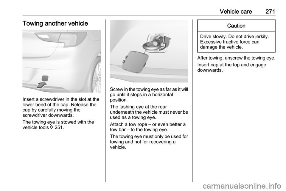 VAUXHALL ASTRA J 2018  Owners Manual Vehicle care271Towing another vehicle
Insert a screwdriver in the slot at the
lower bend of the cap. Release the
cap by carefully moving the
screwdriver downwards.
The towing eye is stowed with the
ve