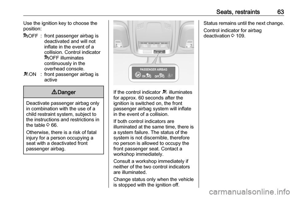 VAUXHALL ASTRA J 2018 Owners Guide Seats, restraints63Use the ignition key to choose theposition:* OFF:front passenger airbag is
deactivated and will not
inflate in the event of a
collision. Control indicator
* OFF illuminates
continuo VAUXHALL ASTRA J 2018 Owners Guide Seats, restraints63Use the ignition key to choose theposition:* OFF:front passenger airbag is
deactivated and will not
inflate in the event of a
collision. Control indicator
* OFF illuminates
continuo
