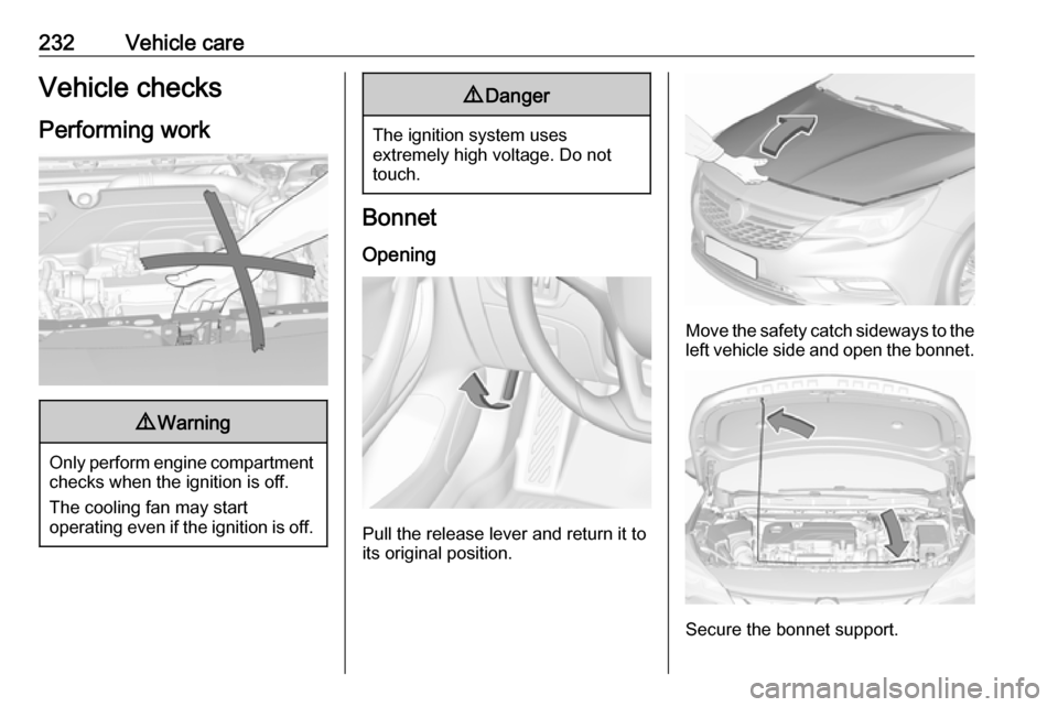 VAUXHALL ASTRA J 2018.5 Manual Online 232Vehicle careVehicle checks
Performing work9 Warning
Only perform engine compartment
checks when the ignition is off.
The cooling fan may start
operating even if the ignition is off.
9 Danger
The ig VAUXHALL ASTRA J 2018.5 Manual Online 232Vehicle careVehicle checks
Performing work9 Warning
Only perform engine compartment
checks when the ignition is off.
The cooling fan may start
operating even if the ignition is off.
9 Danger
The ig