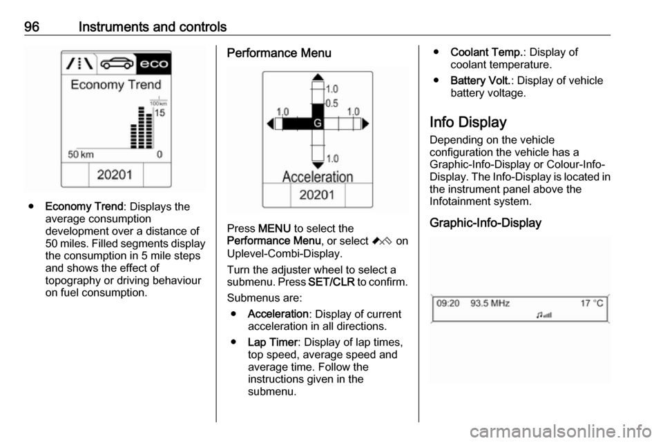 VAUXHALL ASTRA J GTC 2018.5  Owners Manual 96Instruments and controls
●Economy Trend : Displays the
average consumption
development over a distance of
50 miles. Filled segments display
the consumption in 5 mile steps
and shows the effect of
