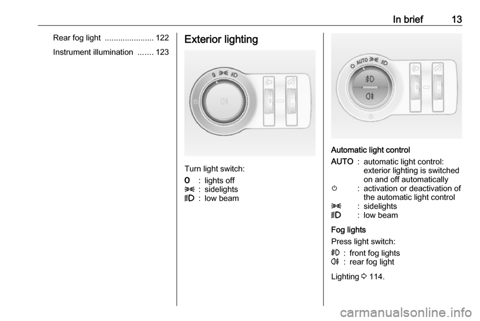 VAUXHALL ASTRA K 2017 User Guide In brief13Rear fog light ...................... 122
Instrument illumination .......123Exterior lighting
Turn light switch:
7:lights off8:sidelights9:low beam
Automatic light control
AUTO:automatic l VAUXHALL ASTRA K 2017 User Guide In brief13Rear fog light ...................... 122
Instrument illumination .......123Exterior lighting
Turn light switch:
7:lights off8:sidelights9:low beam
Automatic light control
AUTO:automatic l