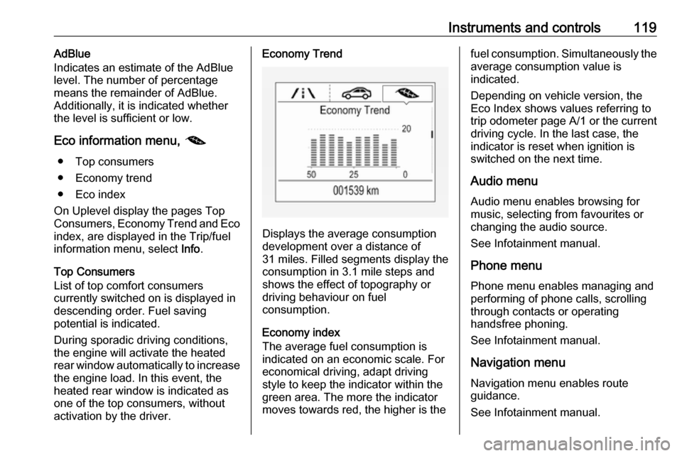 VAUXHALL ASTRA K 2018.75 Owners Manual Instruments and controls119AdBlue
Indicates an estimate of the AdBlue
level. The number of percentage
means the remainder of AdBlue.
Additionally, it is indicated whether
the level is sufficient or lo VAUXHALL ASTRA K 2018.75 Owners Manual Instruments and controls119AdBlue
Indicates an estimate of the AdBlue
level. The number of percentage
means the remainder of AdBlue.
Additionally, it is indicated whether
the level is sufficient or lo