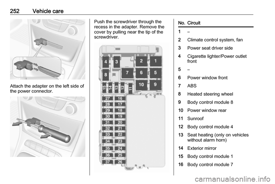 VAUXHALL ASTRA K 2018.75  Owners Manual 252Vehicle care
Attach the adapter on the left side of
the power connector.
Push the screwdriver through the
recess in the adapter. Remove the
cover by pulling near the tip of the
screwdriver.No.Circu