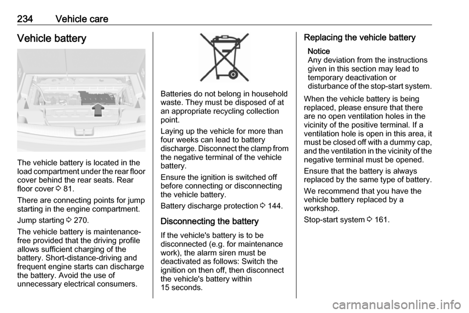 VAUXHALL ASTRA K 2019  Owners Manual 234Vehicle careVehicle battery
The vehicle battery is located in the
load compartment under the rear floor cover behind the rear seats. Rear
floor cover  3 81.
There are connecting points for jump sta