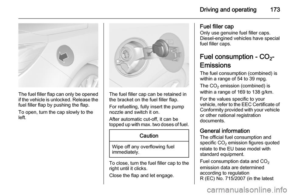 VAUXHALL CASCADA 2014  Owners Manual Driving and operating173
The fuel filler flap can only be opened
if the vehicle is unlocked. Release the
fuel filler flap by pushing the flap.
To open, turn the cap slowly to the left.The fuel filler 