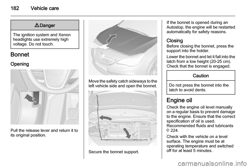 VAUXHALL CASCADA 2014 Owners Guide 182Vehicle care9Danger
The ignition system and Xenon
headlights use extremely high
voltage. Do not touch.
Bonnet
Opening
Pull the release lever and return it to
its original position.
Move the safety VAUXHALL CASCADA 2014 Owners Guide 182Vehicle care9Danger
The ignition system and Xenon
headlights use extremely high
voltage. Do not touch.
Bonnet
Opening
Pull the release lever and return it to
its original position.
Move the safety