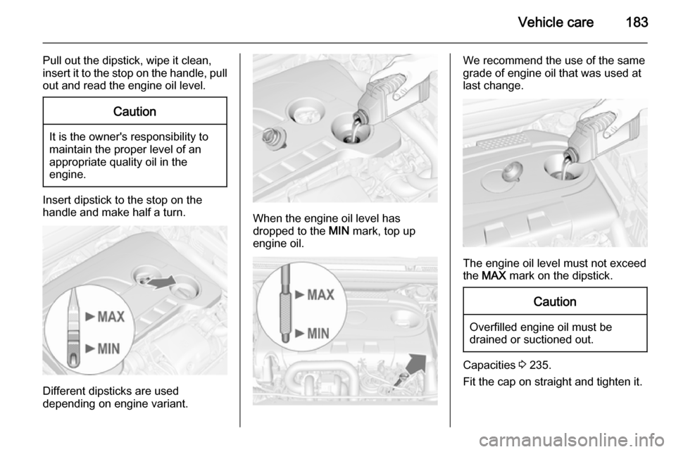 VAUXHALL CASCADA 2014 Owners Guide Vehicle care183
Pull out the dipstick, wipe it clean,
insert it to the stop on the handle, pull
out and read the engine oil level.Caution
It is the owners responsibility to
maintain the proper level VAUXHALL CASCADA 2014 Owners Guide Vehicle care183
Pull out the dipstick, wipe it clean,
insert it to the stop on the handle, pull
out and read the engine oil level.Caution
It is the owners responsibility to
maintain the proper level