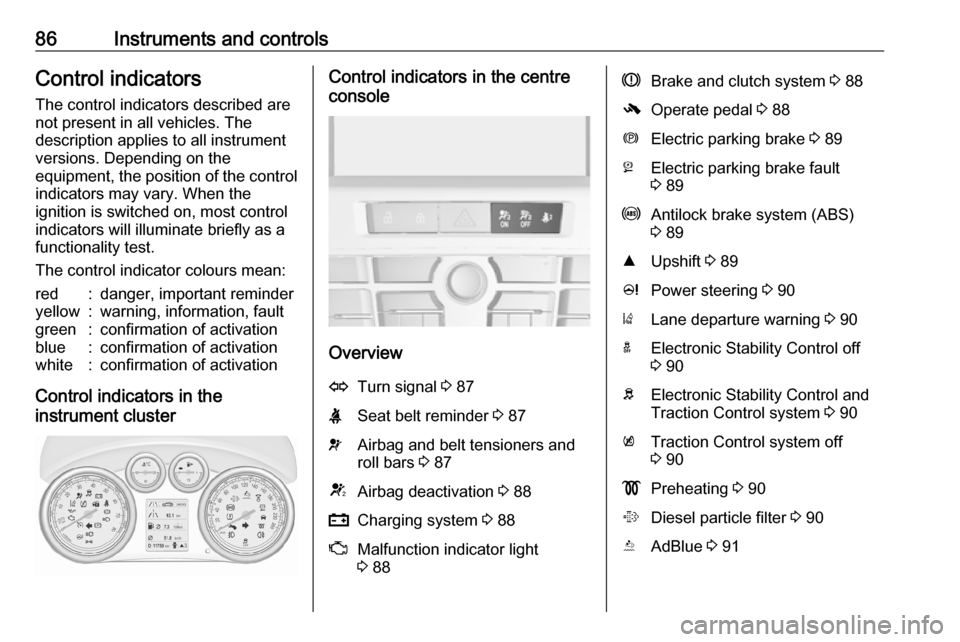 VAUXHALL CASCADA 2018 Owners Manual 86Instruments and controlsControl indicatorsThe control indicators described are
not present in all vehicles. The
description applies to all instrument
versions. Depending on the
equipment, the positi VAUXHALL CASCADA 2018 Owners Manual 86Instruments and controlsControl indicatorsThe control indicators described are
not present in all vehicles. The
description applies to all instrument
versions. Depending on the
equipment, the positi