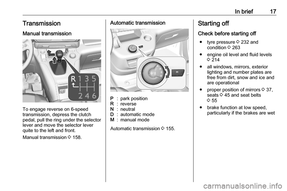 VAUXHALL COMBO E 2020 User Guide In brief17Transmission
Manual transmission
To engage reverse on 6-speed
transmission, depress the clutch
pedal, pull the ring under the selector
lever and move the selector lever
quite to the left and