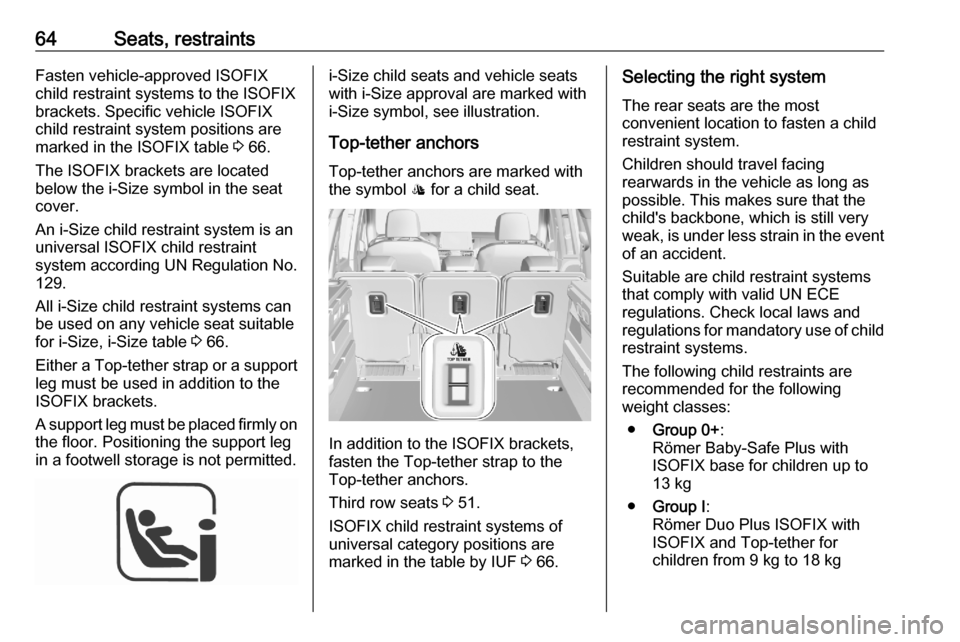 VAUXHALL COMBO E 2020  Owners Manual 64Seats, restraintsFasten vehicle-approved ISOFIX
child restraint systems to the ISOFIX
brackets. Specific vehicle ISOFIX
child restraint system positions are
marked in the ISOFIX table  3 66.
The ISO