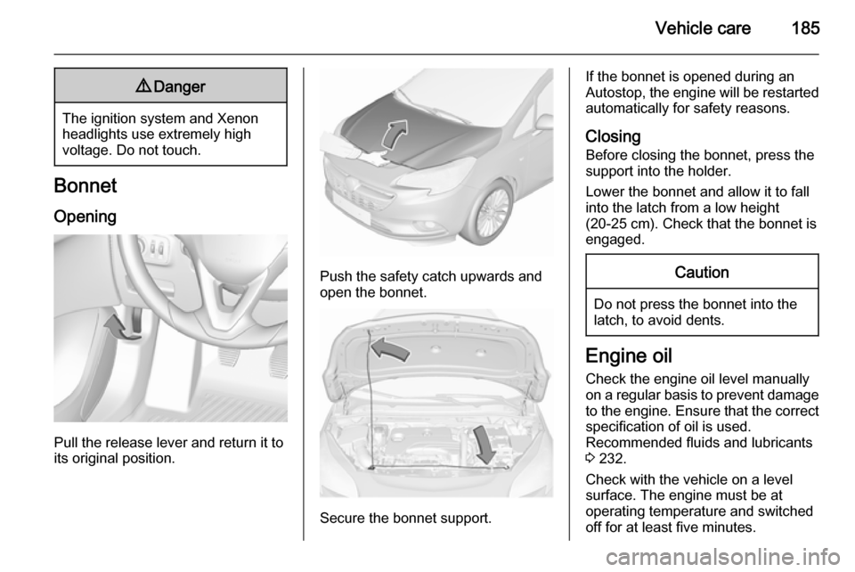 VAUXHALL CORSA 2015.75 Owners Manual Vehicle care1859Danger
The ignition system and Xenon
headlights use extremely high
voltage. Do not touch.
Bonnet
Opening
Pull the release lever and return it to
its original position.
Push the safety VAUXHALL CORSA 2015.75 Owners Manual Vehicle care1859Danger
The ignition system and Xenon
headlights use extremely high
voltage. Do not touch.
Bonnet
Opening
Pull the release lever and return it to
its original position.
Push the safety
