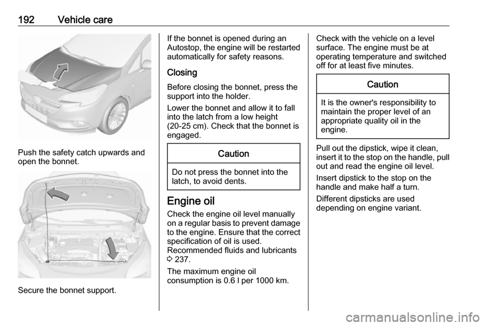 VAUXHALL CORSA 2016  Owners Manual 192Vehicle care
Push the safety catch upwards and
open the bonnet.
Secure the bonnet support.
If the bonnet is opened during an
Autostop, the engine will be restarted automatically for safety reasons.
